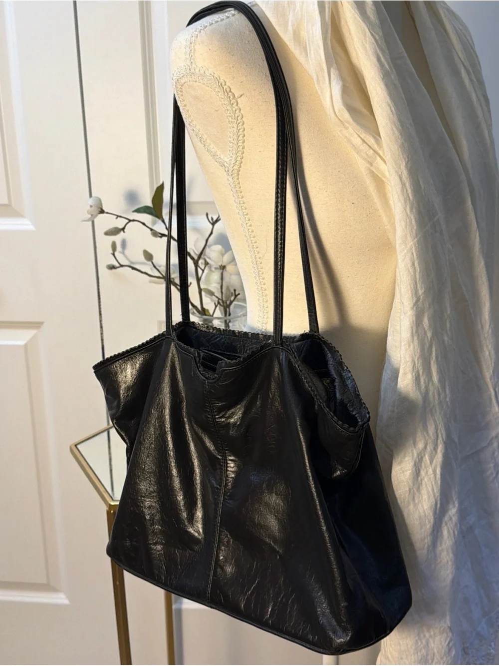 Latico boho slouchy lightweight glazed black leather tote scalloped handbag